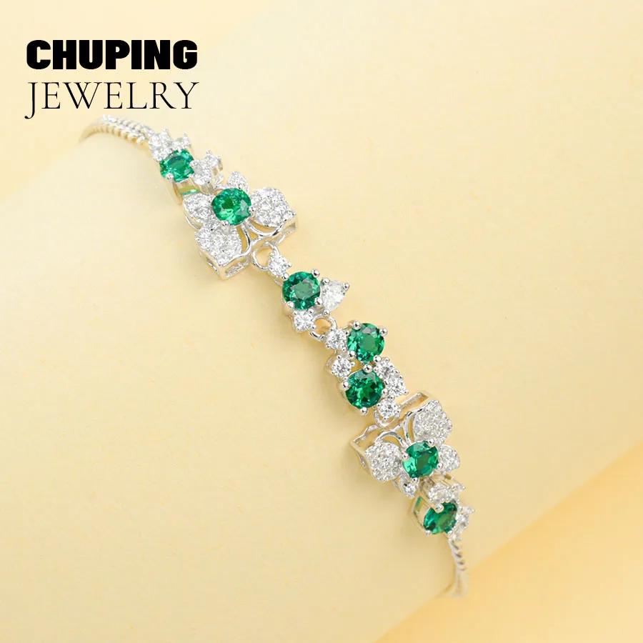 ChuPing مجوهرات الأزياء مختبر نمت الزمرد قطع مستديرة 3.5 مللي متر S925 سوار للنساء الكلاسيكية حفلة عيد الحب هدية عيد ميلاد