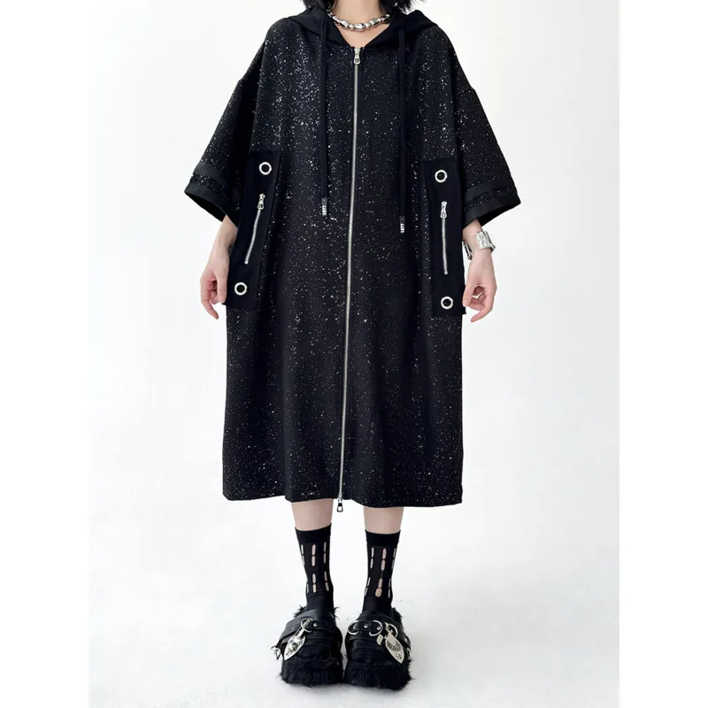 [Vibe] Women Black Shining Big Size Long Trench New Hooded Long Sleeve Windbreaker Fashion Tide Spring Autumn 2025