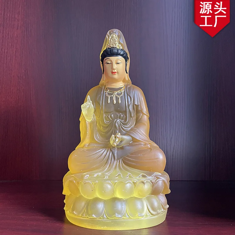 Guanyin Bodhisattva Sitting in Lotus, Nanhai Guanyin Buddha Statue Resin Sticking Gold Foil, Water Glass Statue Factory