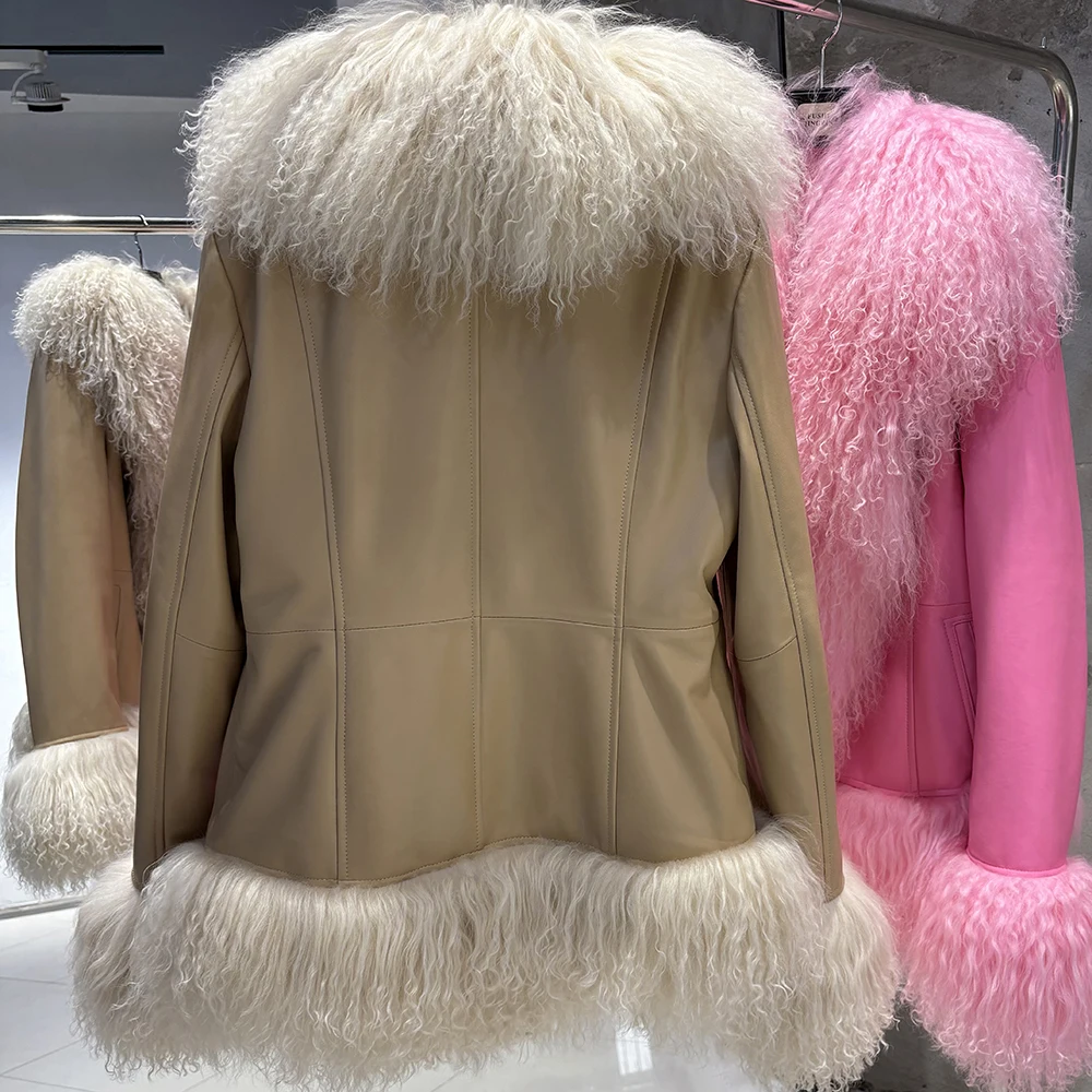 YOLOAgain Real Mongolia Sheep Fur Collar Real Leather Jacket Coat Women