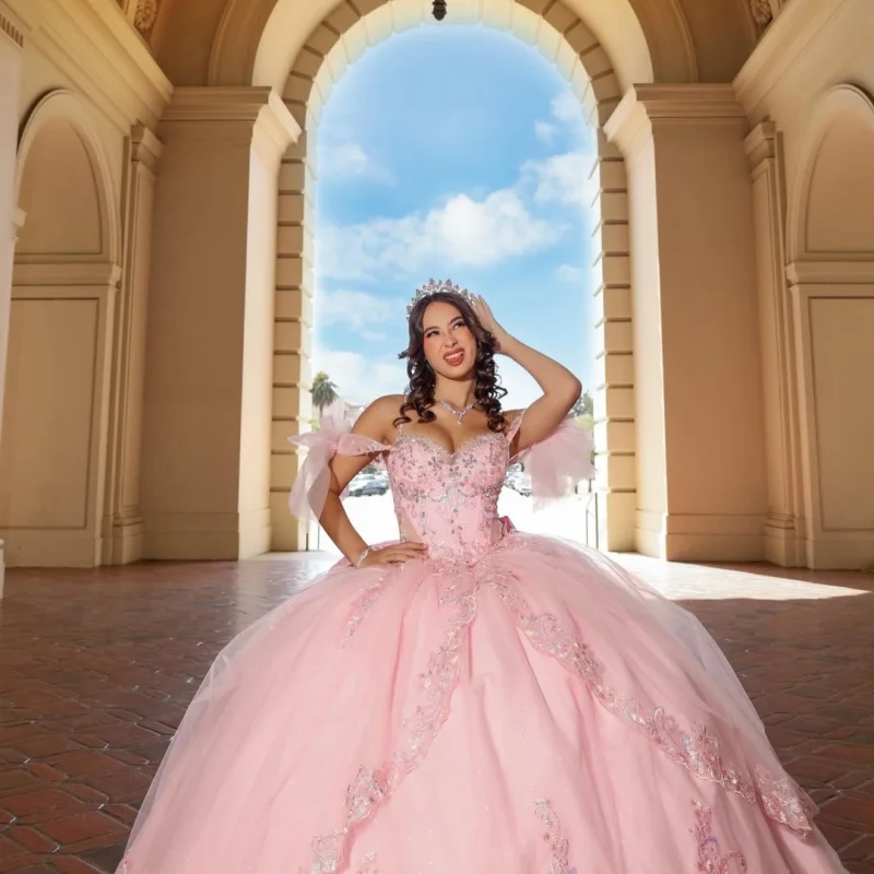 

Simple Light Pink Quinceanera Dress off-shoulder Sequins Crystal Decal Long tail Bow vestidos de 15 Quinceanera ﻿Customize