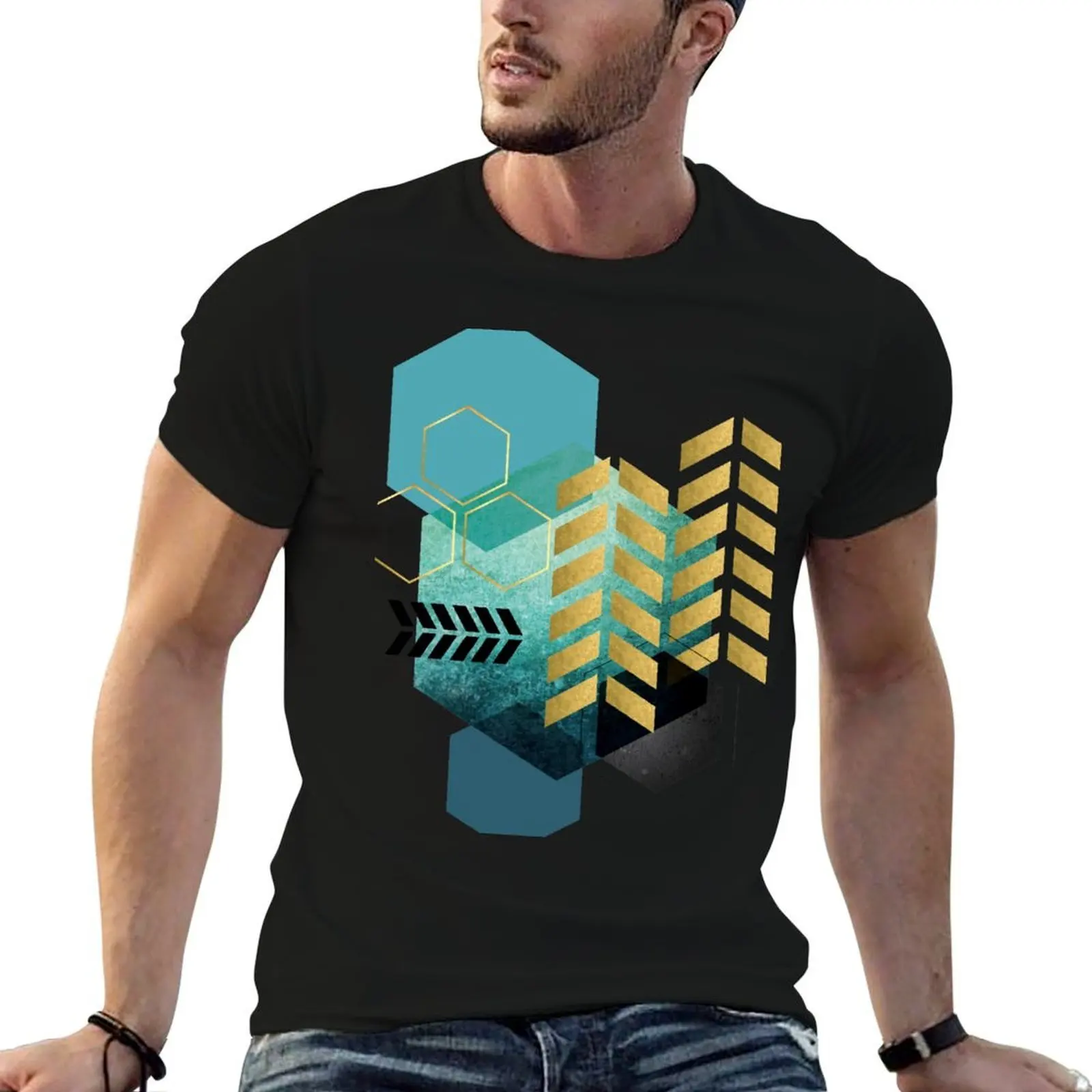 Teal and Gold Geo T-Shirt summer top aesthetic clothes t shirt for men