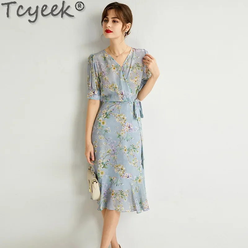 

Tcyeek 100% Real Mulberry Silk Dress Elegant Women's Dresses Fashion Long Dress Summer Clothes Women 2024 Vestidos De Mujer