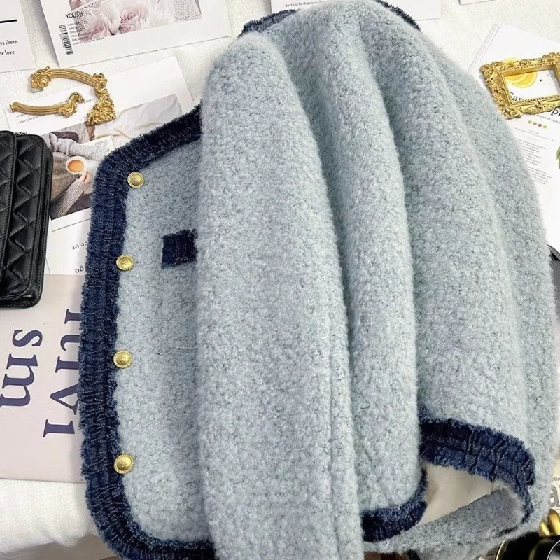 Blue Spliced   French Small Fragrance Jacket Short Jacket Autumn Winter New Temperament Versatile Top