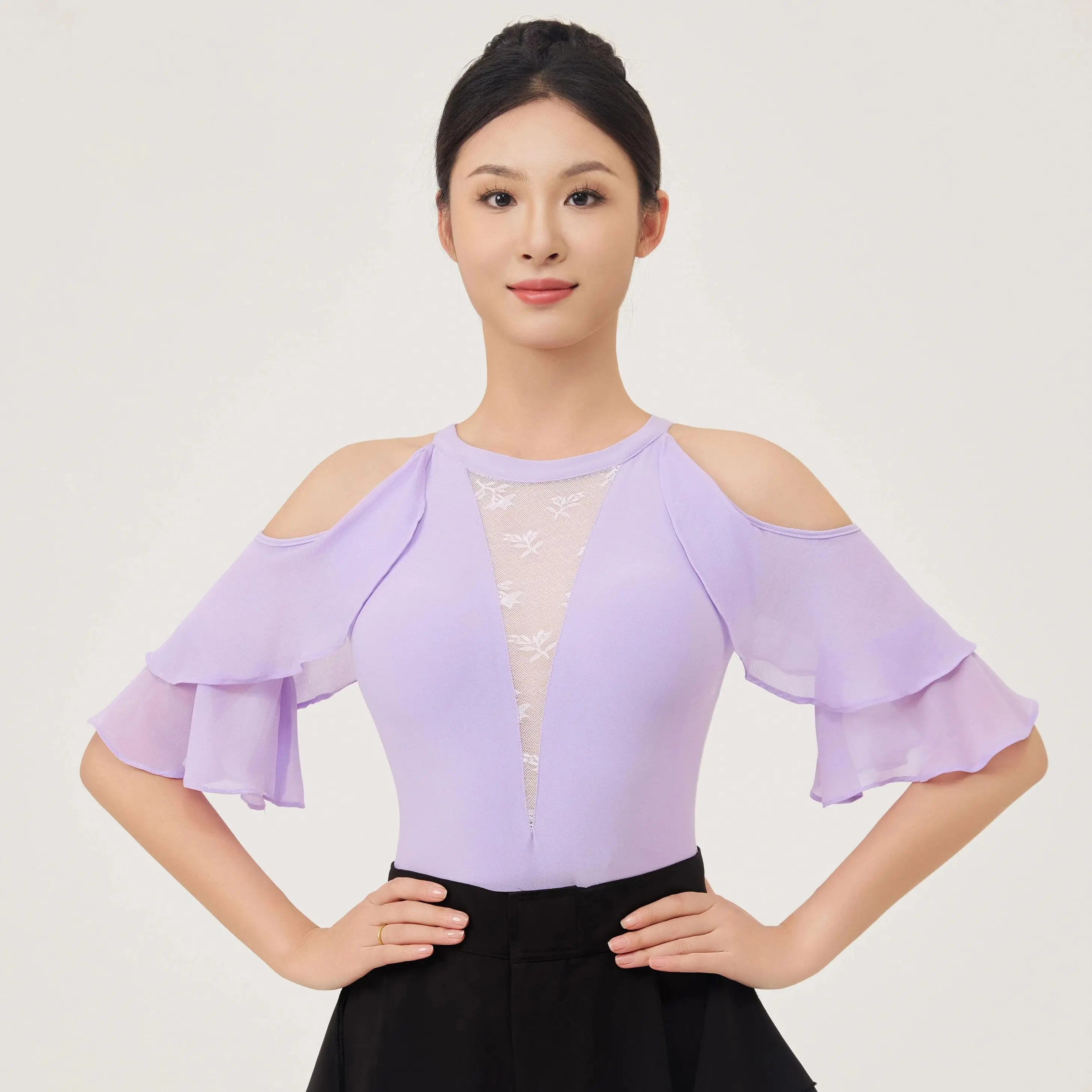 Latin Dance Costumes Waltz Dance Mesh Off Shoulder Top For Women Modern Rumba Tango Ballroom Dance Clothes Practice Wear DN22061