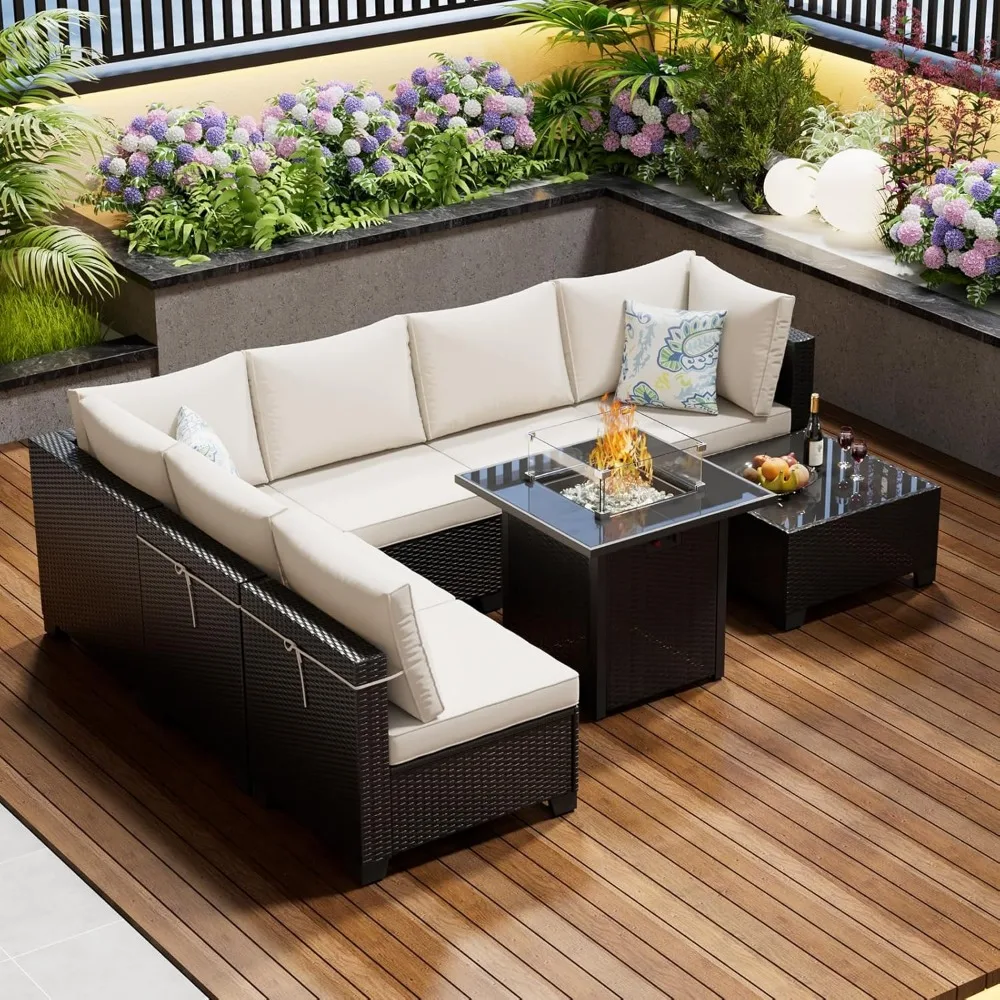مجموعة أثاث الفناء مع طاولة حفرة النار 28 بوصة، مجموعة محادثة أثاث خارجي مكونة من 8 قطع مع وسائد وأريكة مقطعية من الخوص #2