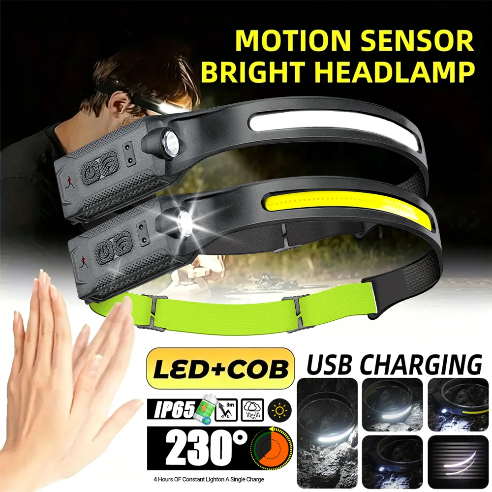 LED COB Induction Headlamp USB Rechargeable Headlight with Built in Battery Outdoor Camping Emergency Lamp with 5 Lighting Modes
