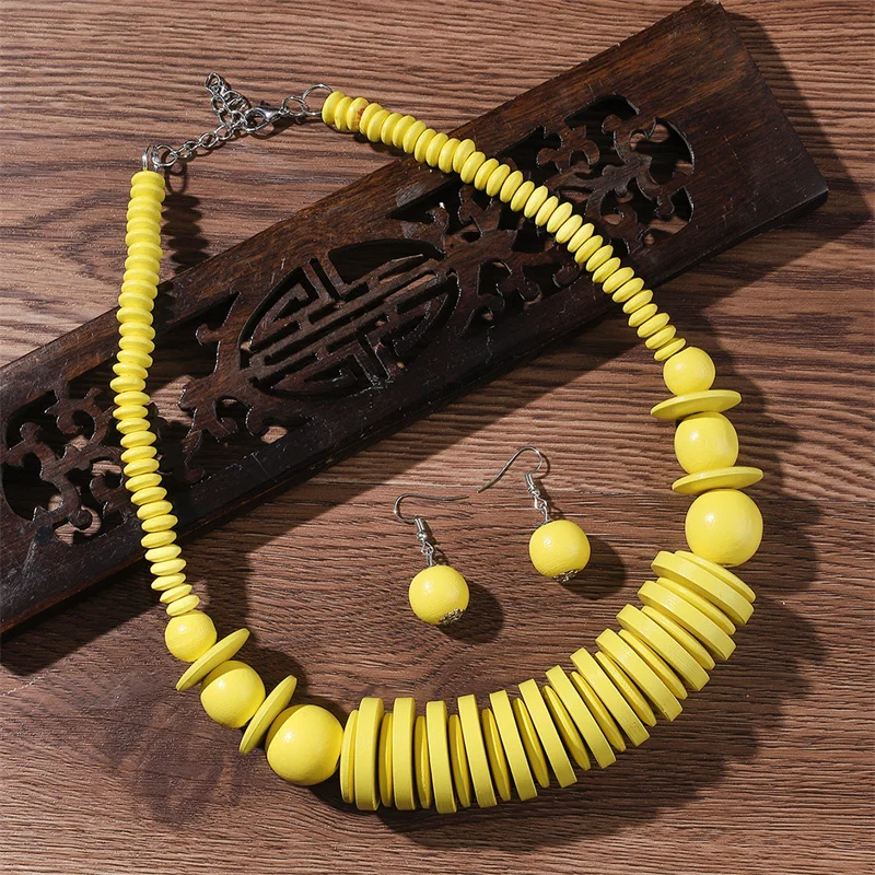 African Jewelry Set Wood Beads Necklace Set Bohemia Vintage Beaded Choker for Women Earrings Set Wedding Party Jewelry Gifts