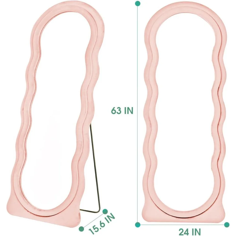 Espelho De Corpo Inteiro Com Suporte, Montado Na Parede, Espelho Ondulado Irregular, Flanela Envolvida, Espelho De Moldura De Madeira
