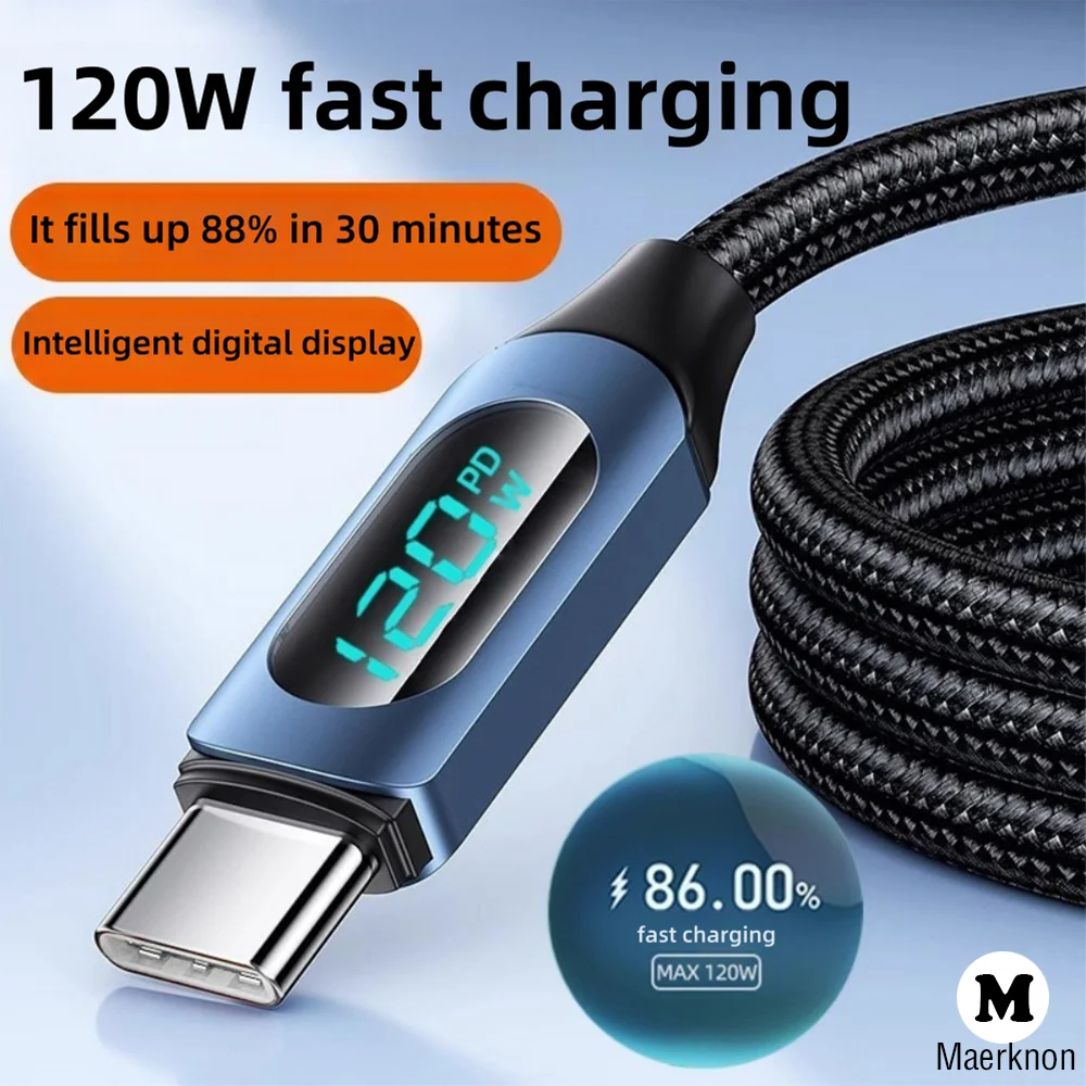 Kabel do szybkiego ładowania 120 W 6 A USB/Typ C do Inteligentnego Wyświetlacza Typu C Nylonowy Przewód Do iPhone Samsung Xiaomi Huawei Przewód Ładujący Typu C