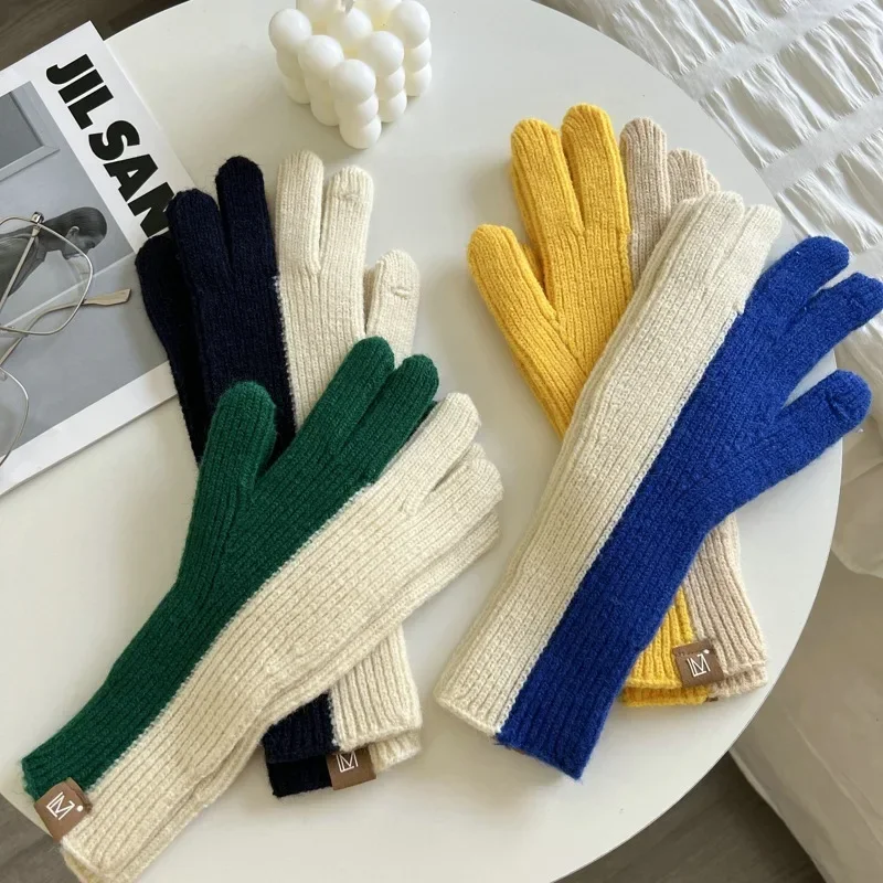 

Fashion Winter Knitted Gloves Touch Screen High Quality Mitten Thicken Warm Cashmere Two-tone Gloves For Women