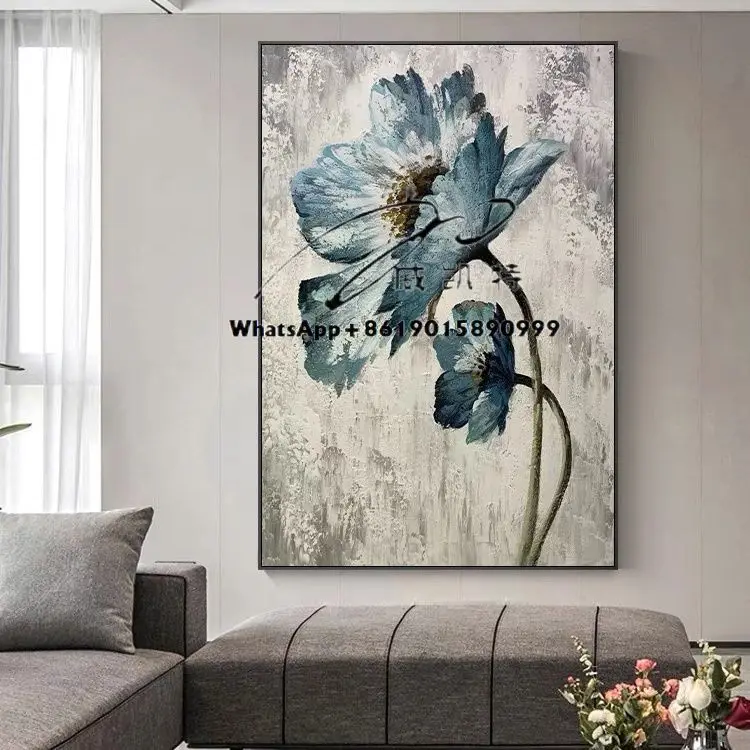 لوحة قماشية على شكل زهرة مرسومة يدويًا لوحات أخرى حديثة لا تزال الحياة معلقة على الحائط الفني الأزرق لتزيين غرفة المعيشة والفندق