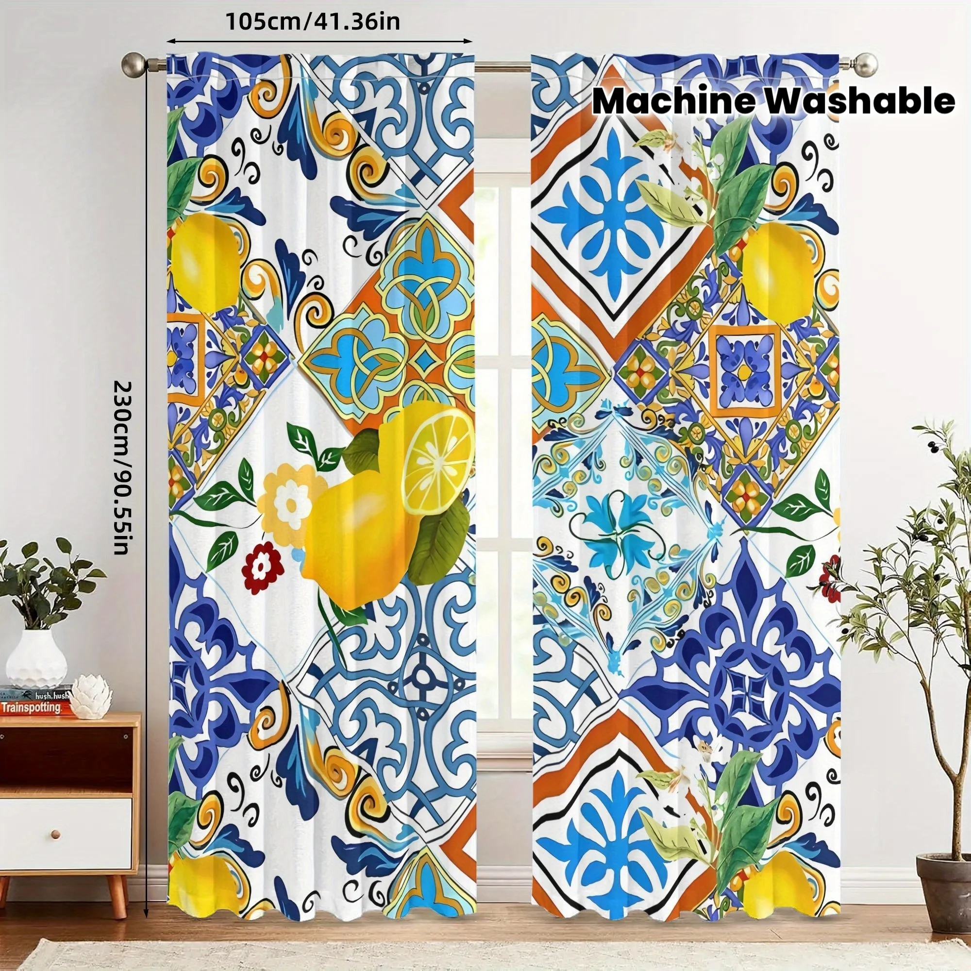 Sicily Tile Curtain Panels, Vintage Blue Ornate Tile Bright Lemon Citrus Flower Geometric Pattern Drapes for Dining Room Home