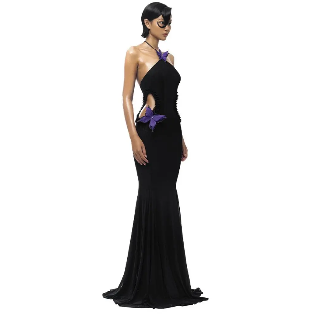 النمط الأوروبي والأمريكي فراشة الرقبة فستان مجوف عارية الذراعين التخسيس ذيل السمكة الخريف فساتين راقية المرأة الجديدة