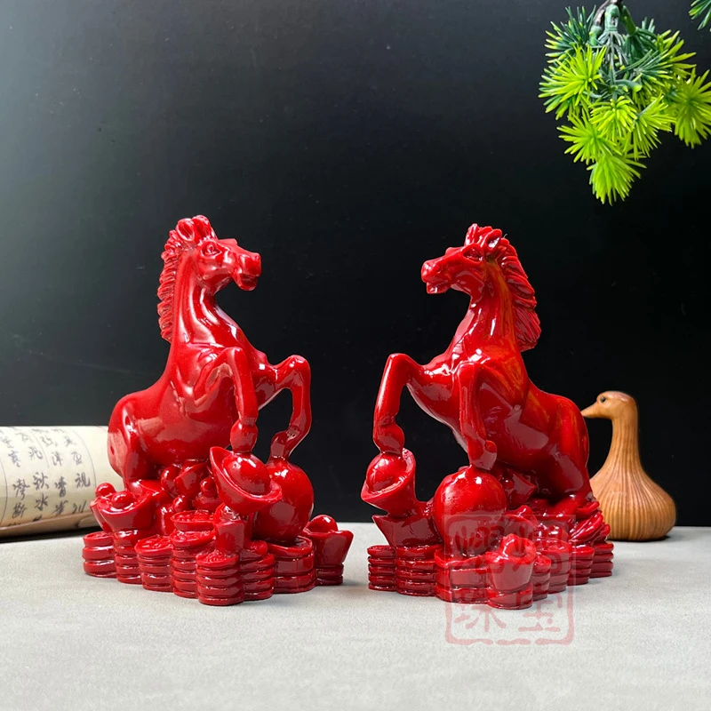 Lucky Emperor Red Resin Double Horse Feng Shui Ornament for Living Room, Entryway, Wine Cabinet Decoration, Office, Housewarming