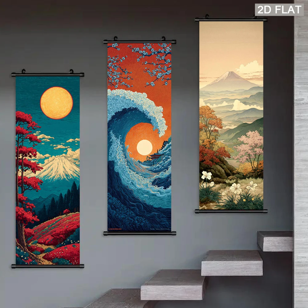 VIKAMA Mount Fuji Wave Scroll Wandteppich, Ukiyo-e-Kunst-Wandbehang für den Eingangsbereich, Wohnzimmer, Heimdekoration