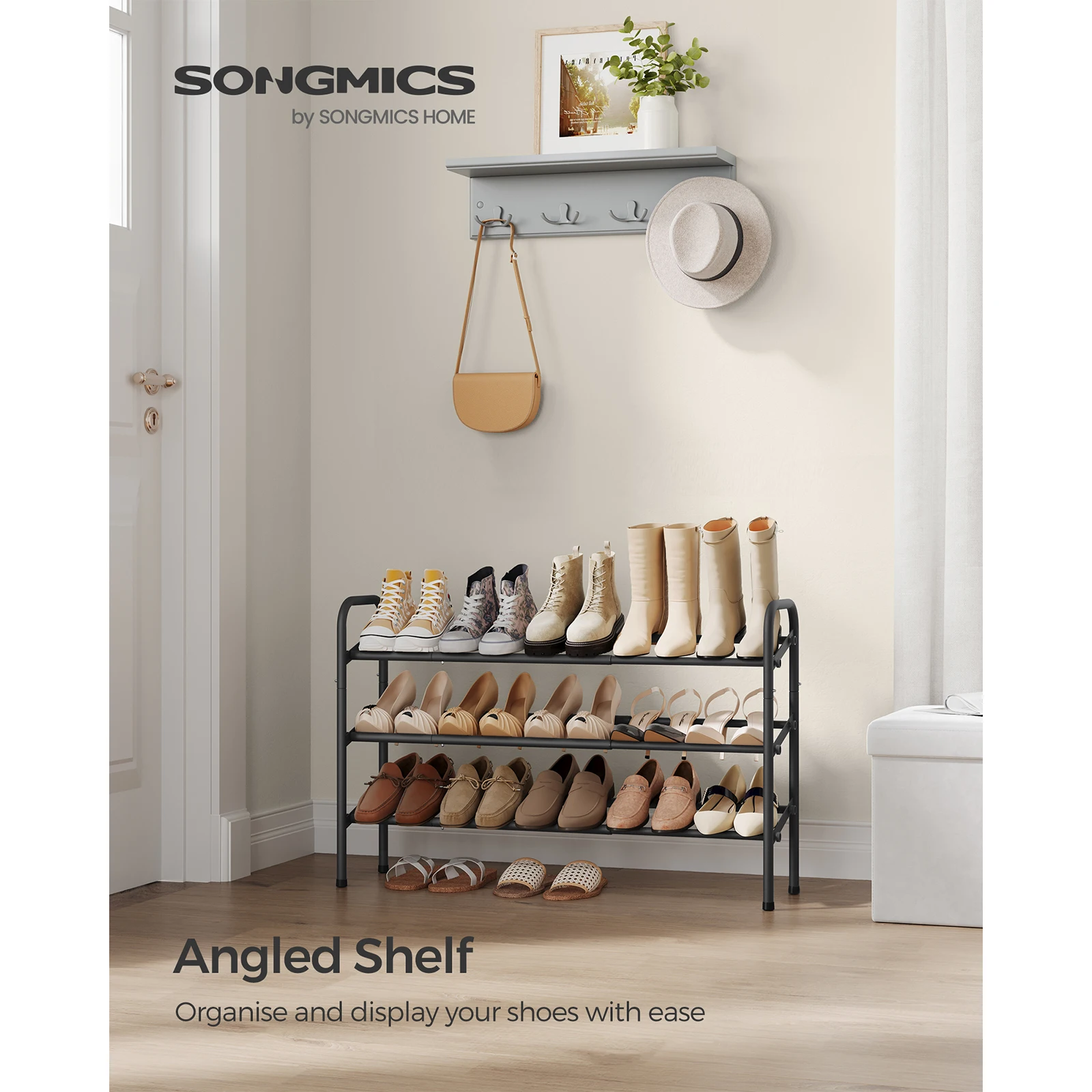 SONGMICS Expandable Shoe Rack, 3-Tier Metal Shoe Shelf Storage, Adjustable Shoe Organiser, Free Standing Shoe Racks