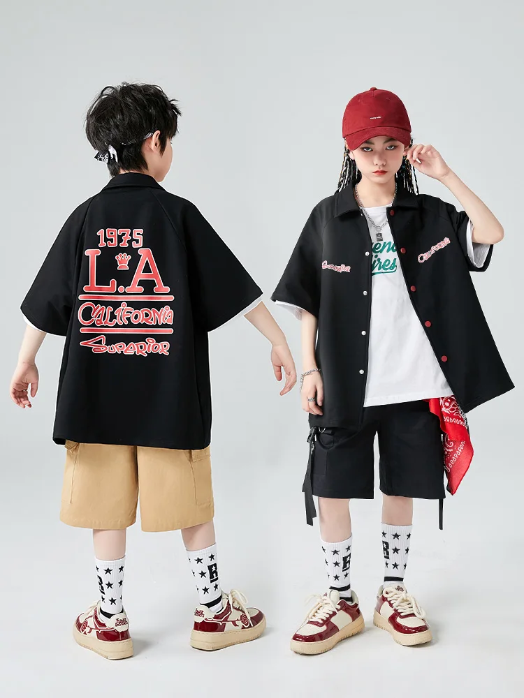 2023 Boys Hip Hop Costume Girls Loose Black Coat Shorts Summer Hip Hop Kids Performance Outfit Fashion Casual Clothing BL10650