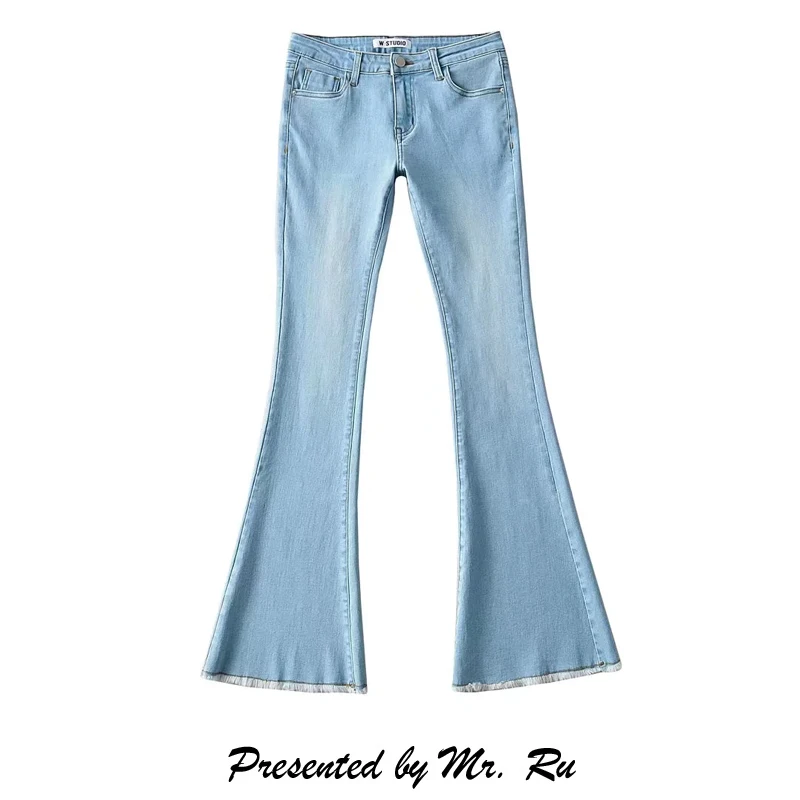 

Low Waist Bell Bottom Jeans High Elasticity Spring Summer New Blue Skin Exposure Cuffed Hemline Women's Fashion Long Trousers
