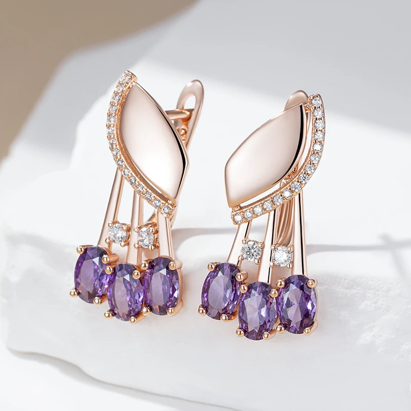 Kinel Hot Shiny Purple Natural Zircon English Earrings For Women Fashion 585 Rose Gold Color Crystal Flower Daily Fine Jewelry