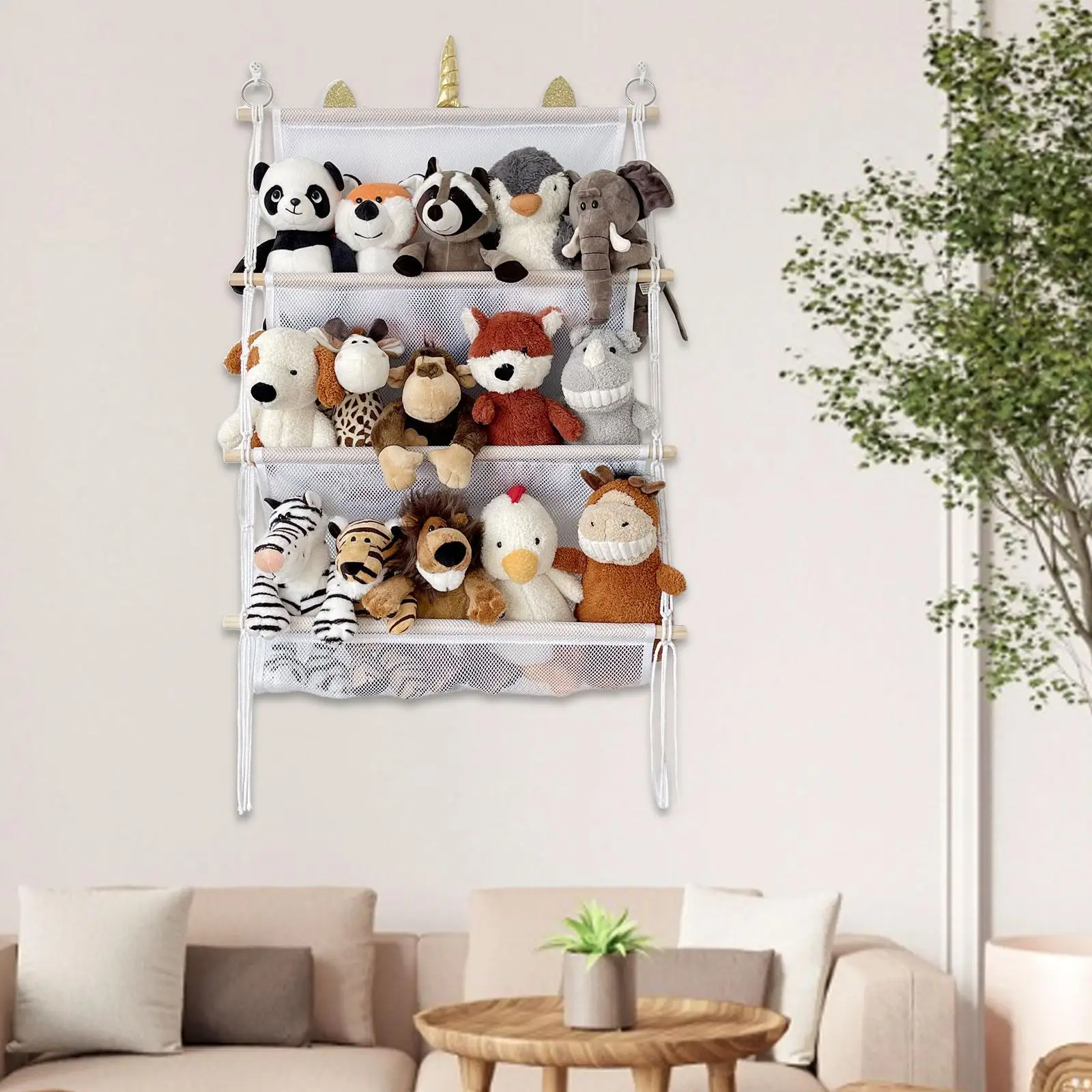 Wall Hanging Toy Organizer Home Decor Easy to Hang Book Doll Storage Rack Hanging Net Holder for Nursery Playroom Kids Room