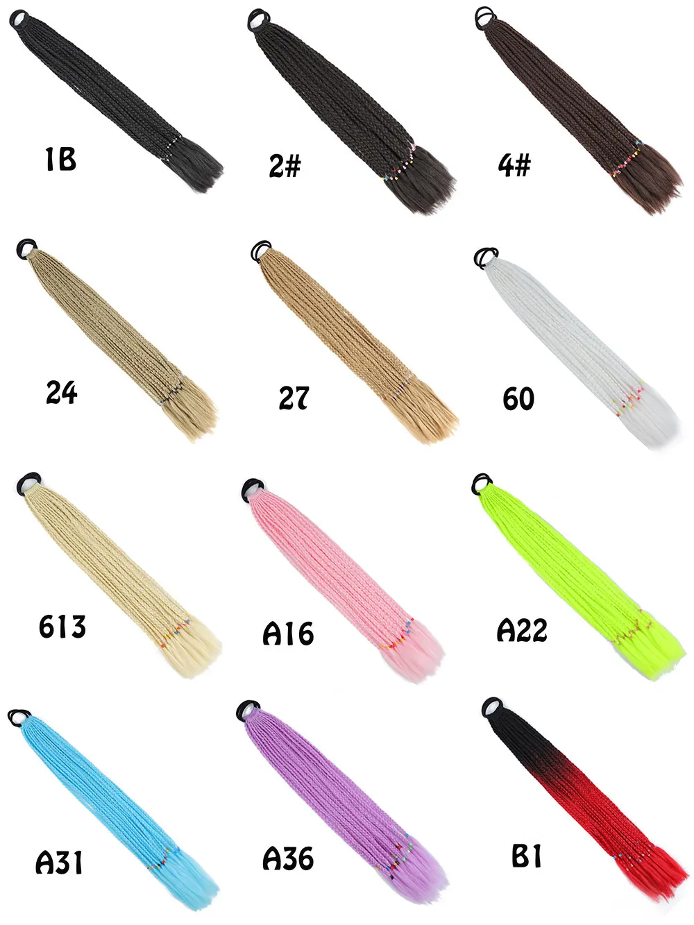 Synthetische Farbverlaufsfarbe, schmutzige geflochtene Pferdeschwanzverlängerungen mit elastischem Band, 61 cm, Regenbogen-Zopf-Pferdeschwanz-Haarteil für Mädchen – Detail 5