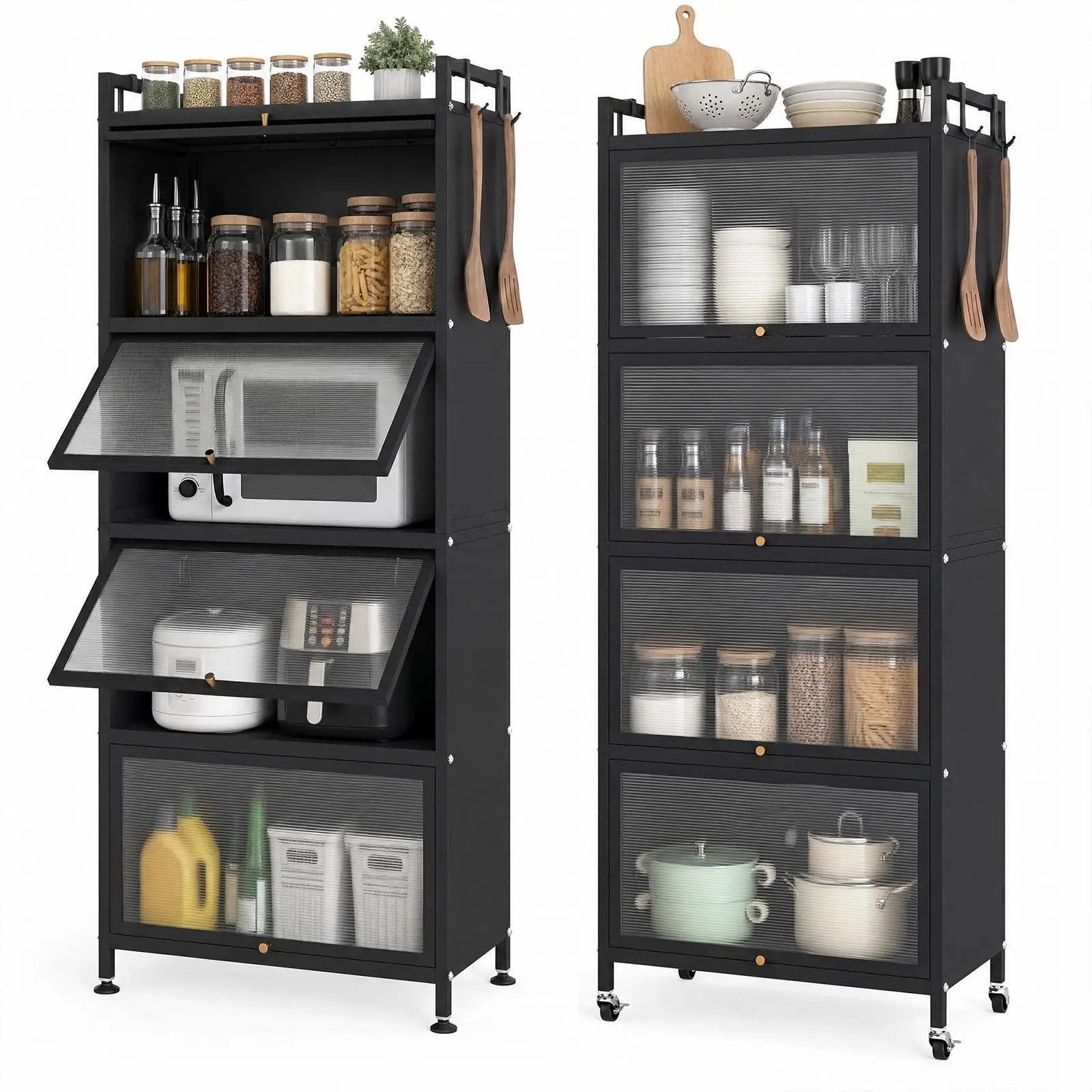 5-Tier Kitchen Storage Cabinet, Mobile Microwave Stand (Black) | Freestanding Baker’s Rack | 4 Rolling Casters | Double
