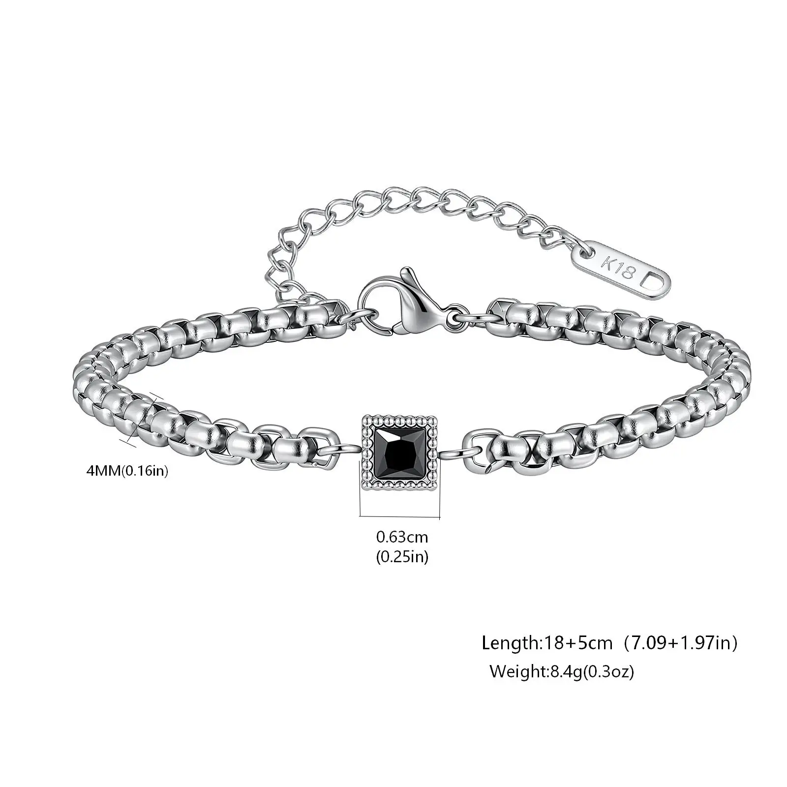 Vnox Men's Square Black Blue Zircon Box Chain Bracelet, Stainless Steel Adjustable 18-23cm Link Wristband, Fashion Jewelry Gift view 3