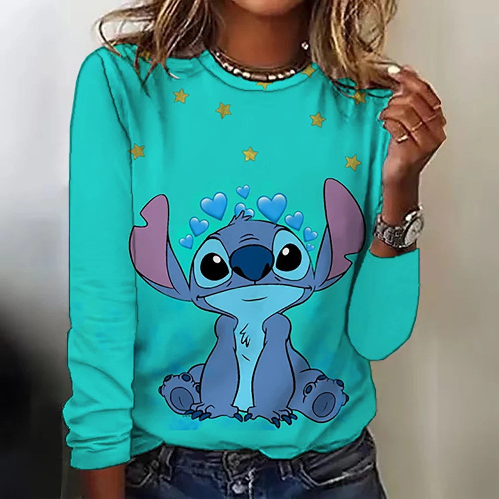 Kawaii Lilo Stitch Print T-shirts Tops for Women Lady Autumn Children T-shirts Casual O-neck Ohana Stitch Disney T-shirts