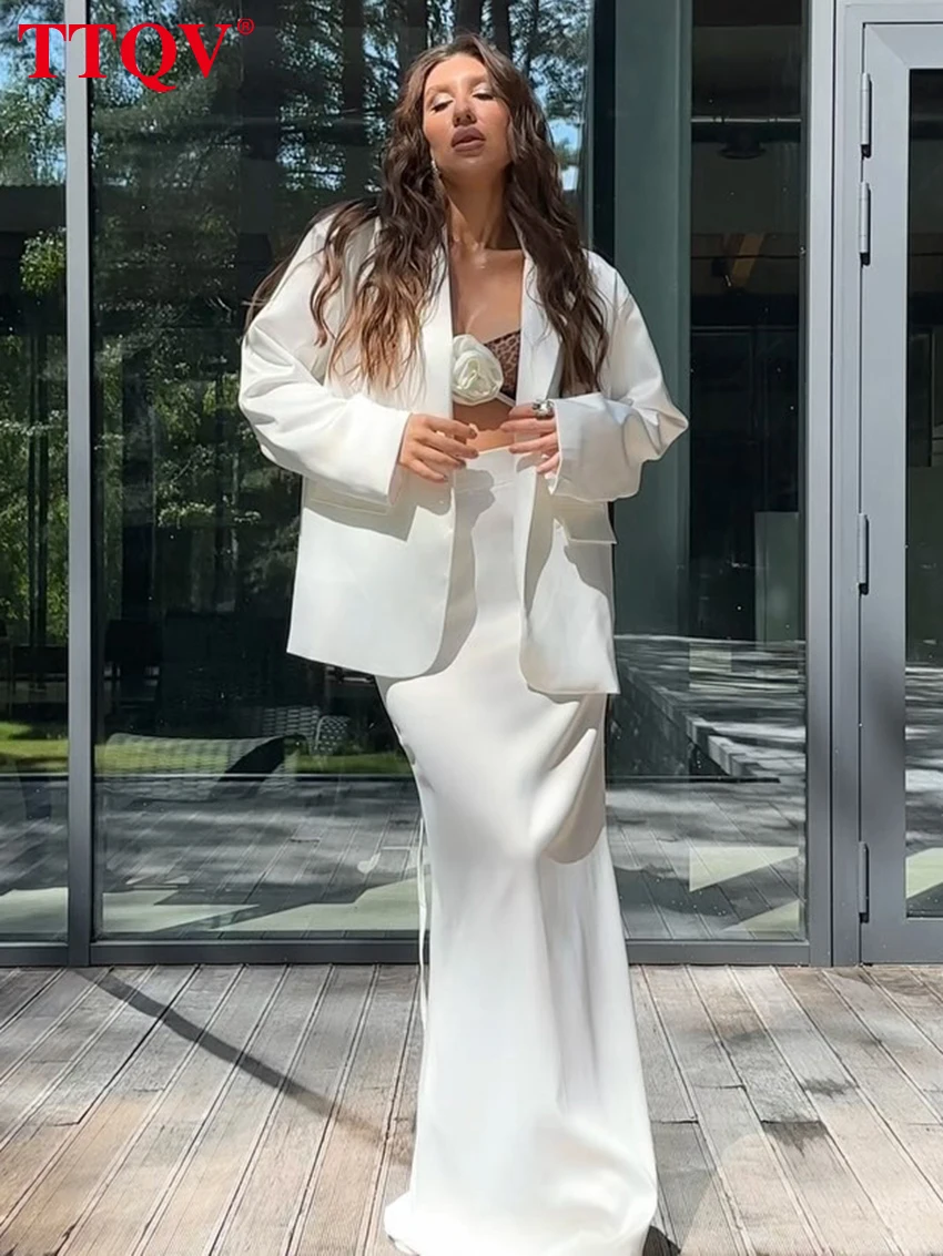 

TTQV Fashion Loose White Satin 2 Piece Sets Women Outfit 2025 Elegant Long Sleeve Shirt With High Waist Long Skirt Set Female