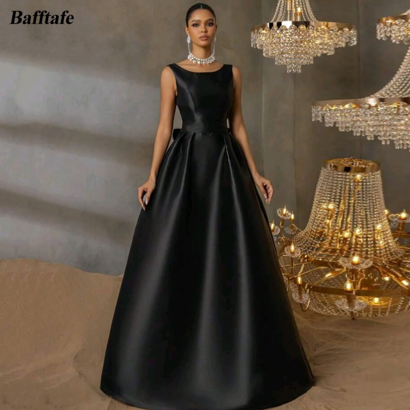 

Bafftafe A Line Black Long Prom Dresses Customized Satin Bow Women Formal Party Dress Scoop Backless Arabic Evening Gowns 2025
