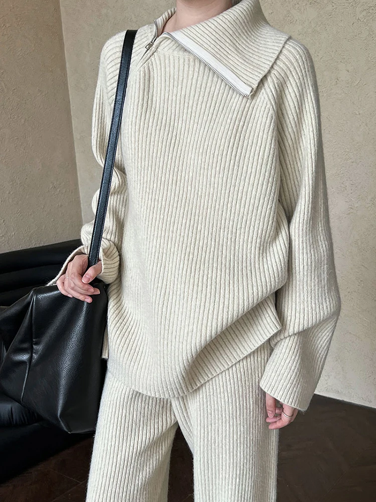 [EAM] Big Size Zipper Sweater Wide Leg Pants Two Piece Suit New Turtleneck Long Sleeve Women Fashion Tide Spring Autumn 2024 00