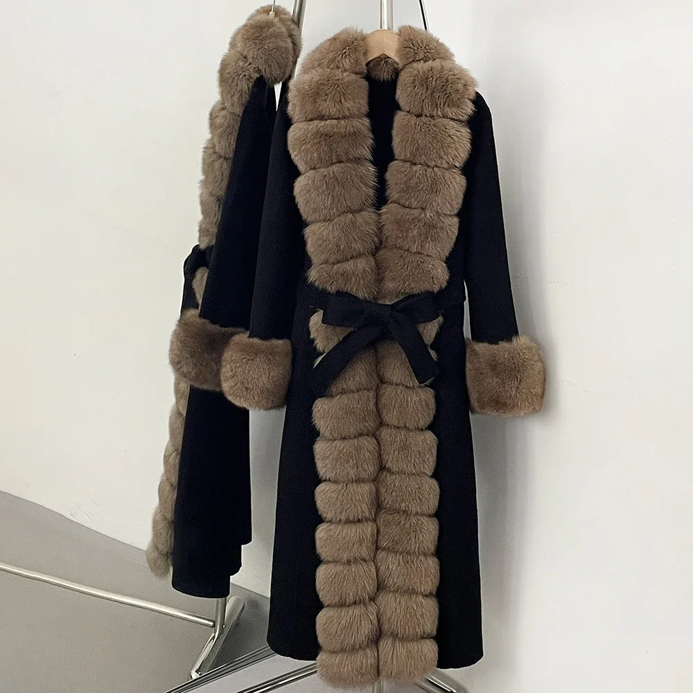 OFTBUY Neue Winter-Luxuskleidung Damen-Oberbekleidung Langer Woll-Alpaka-Mischmantel mit Echtfuchs-Pelzbesatz und Gürtel Wolljacke für Damen – Detail 19