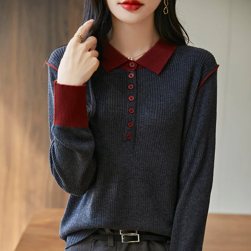 

POLO Collar Wool Knitted Sweater Contrasting Colors Autumn Winter New Style Long Sleeved Semi Loose Slimming Patchwork Pullover