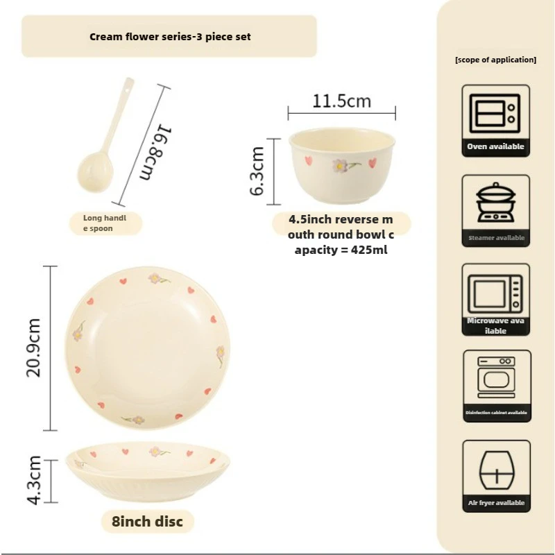 Underglaze Colored Milk Oil Wind Bowl and Dish Set, High Beauty Ceramic Rice Bowl and Dish for Home Use