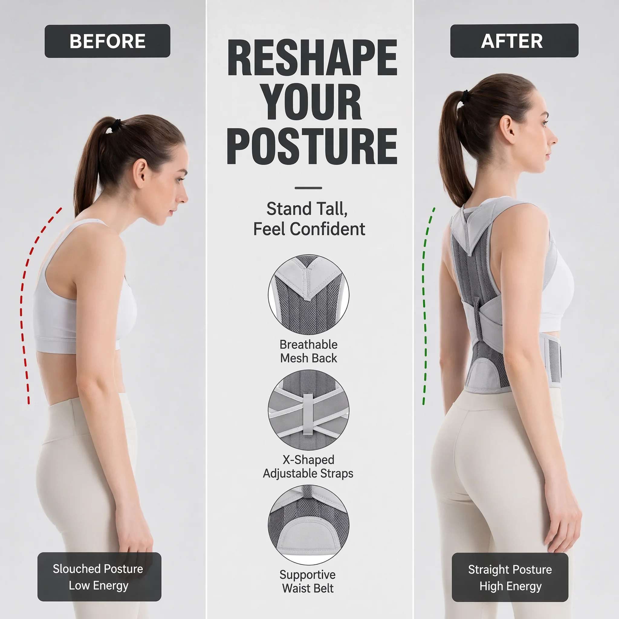 Adjustable Posture Corrector Back Support Brace for Men Women, Reinforced Lumbar Shoulder Spine Corrector Strap view 5