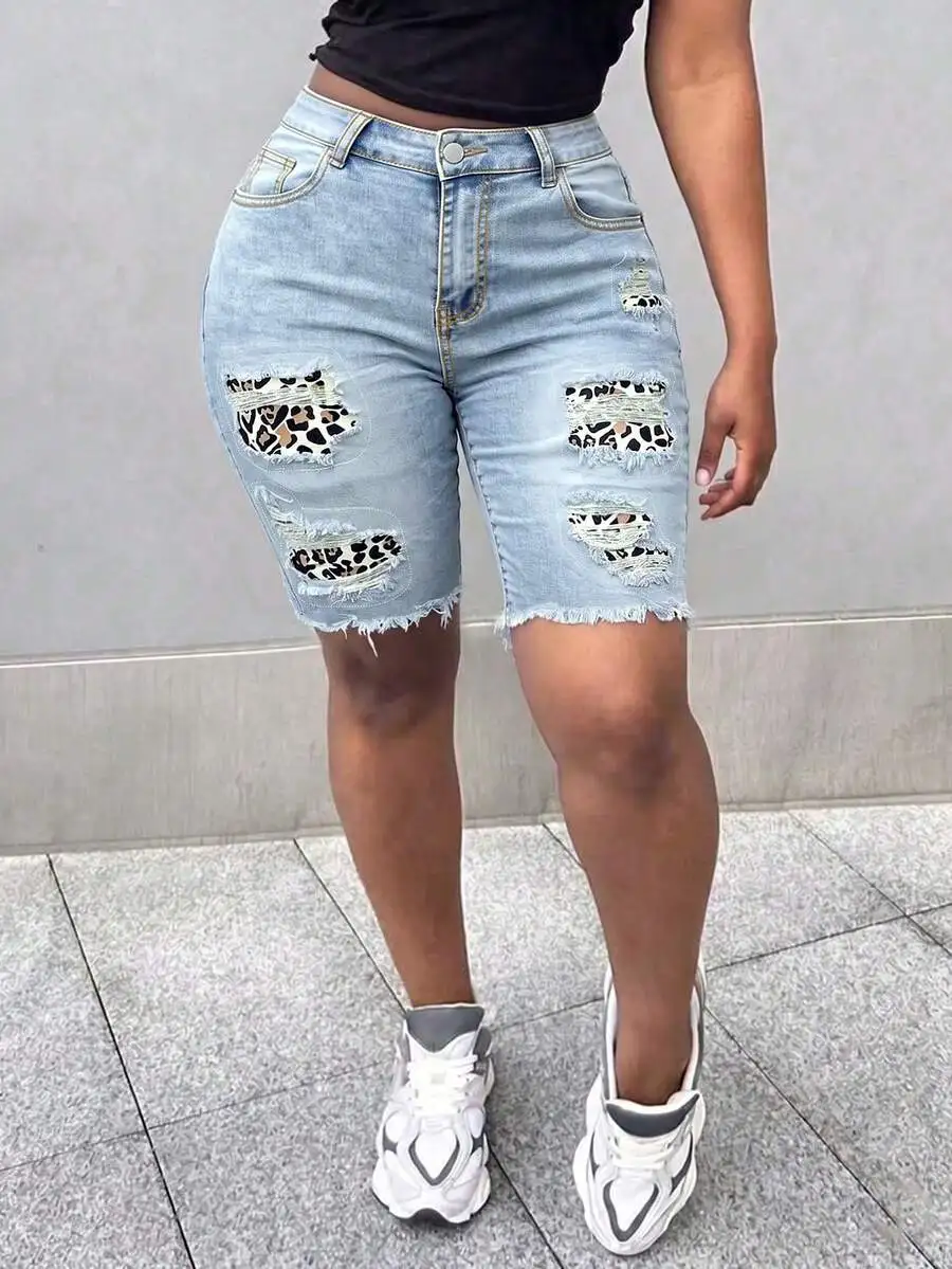 

Womens Light Wash Denim Shorts With Raw Hem Ripped Details And Leopard Patches Straight Leg Medium Stretch Casual Summer