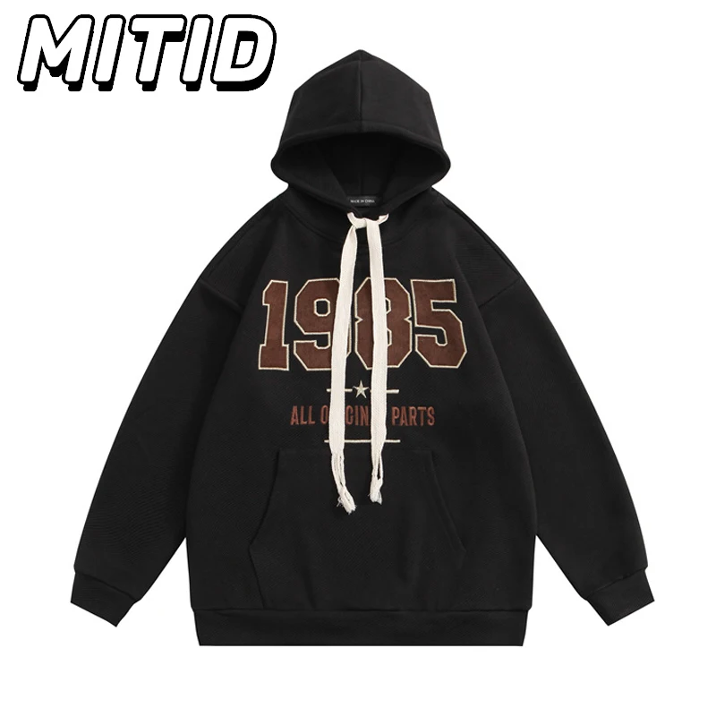 

Hip Hop Streetwear Vintage Embroidery Hoodies Men Pullover Patch Designer Letter Drawstring Hoodie Casual Loose Hooded Pullovers