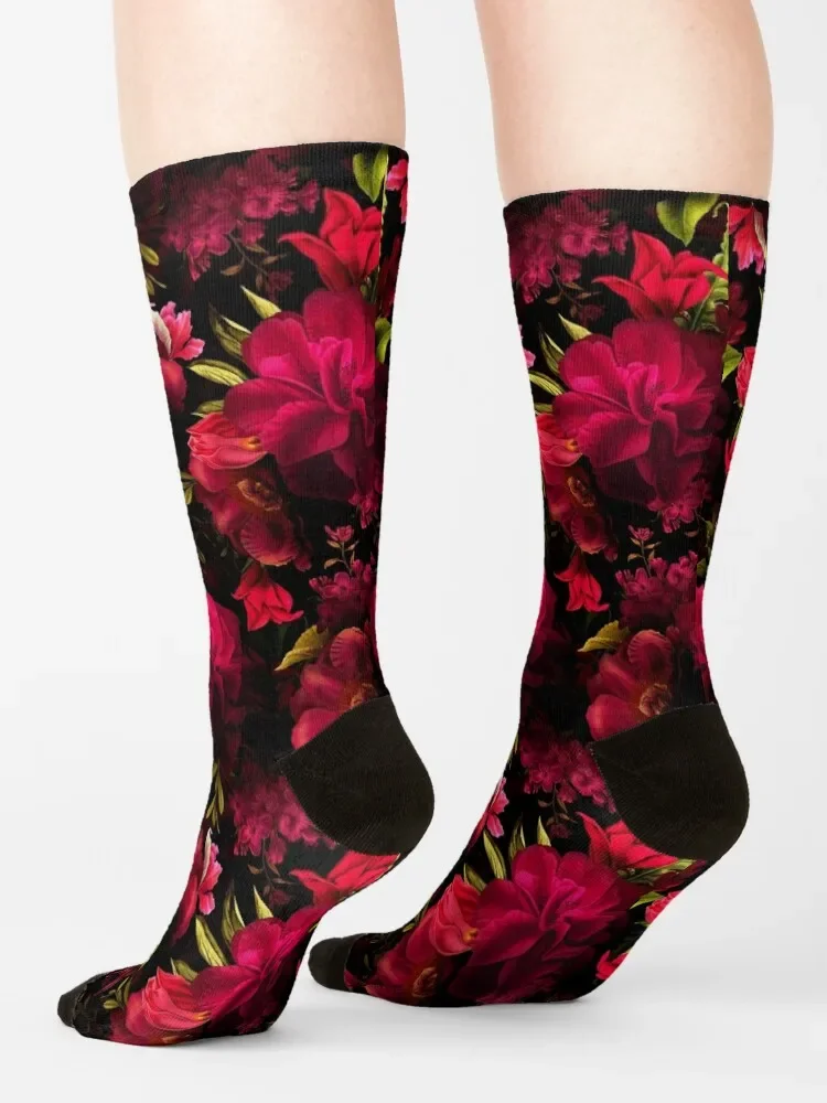 Lush Baroque Dark Red Roses Socks Rugby Novelties halloween Run Socks For Women Men\'s