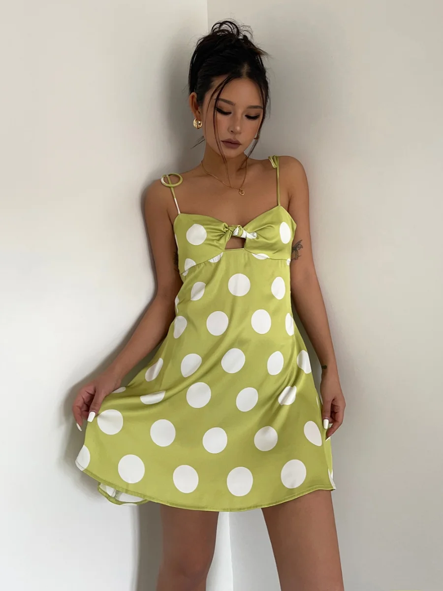 

2024 Summer New Sweet Large Wave Dot Printed Sling Dress European And American Style Sexy Backless Slimming Mini Dress 2SRE