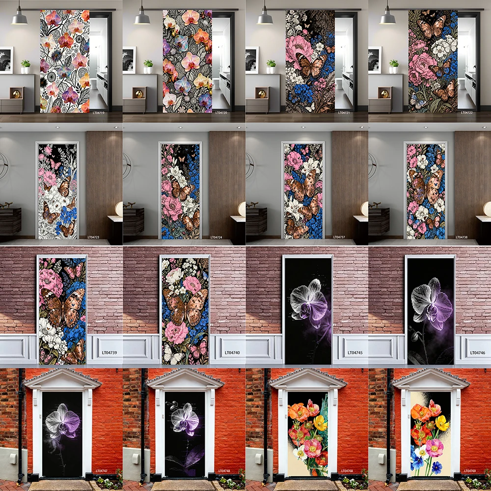 

Butterfly Floral Door Sticker, Removable Peel and Stick Self Adhesive Wallpaper, Dark Botanical Mural for Home Decor