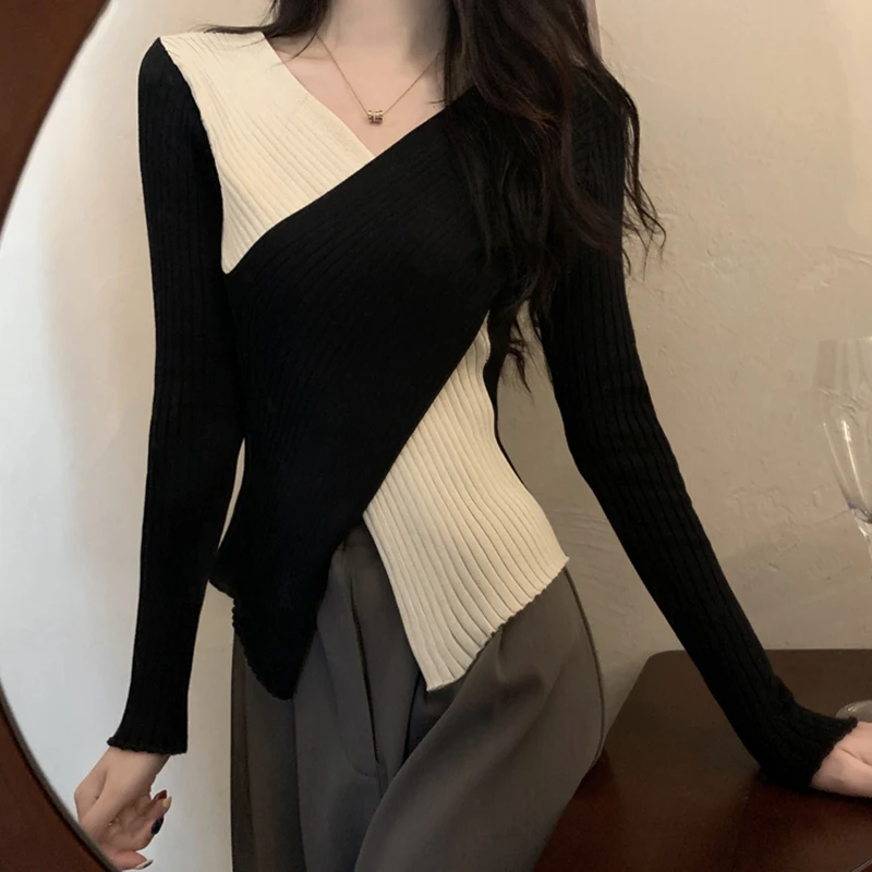 

Осень 2023, новый вязаный низ с v-образным вырезом, женский свитер, тонкий короткий топ