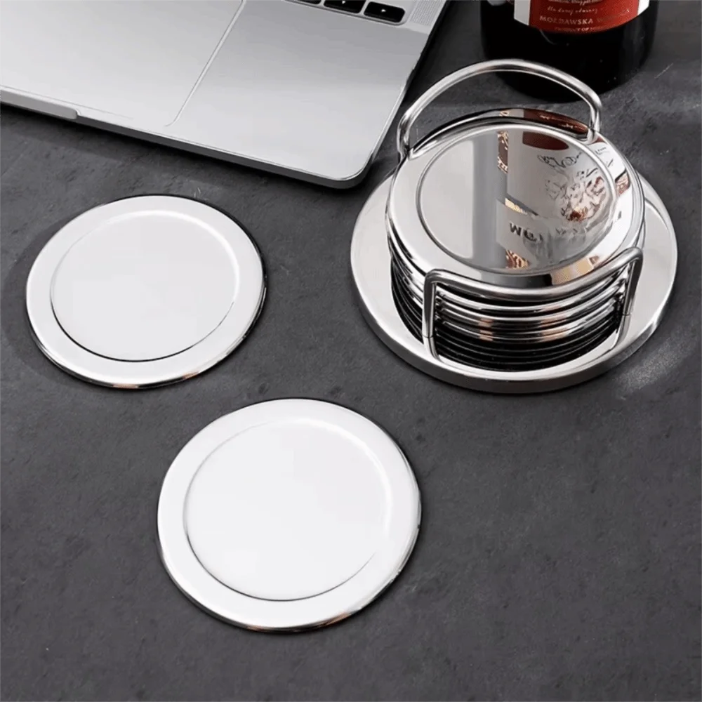 6 Pieces Durable Round Stainless Steel Coaster Silver Non-slip Heat Insulation Mat with Storage Rack Thickened Drink Pad Gift