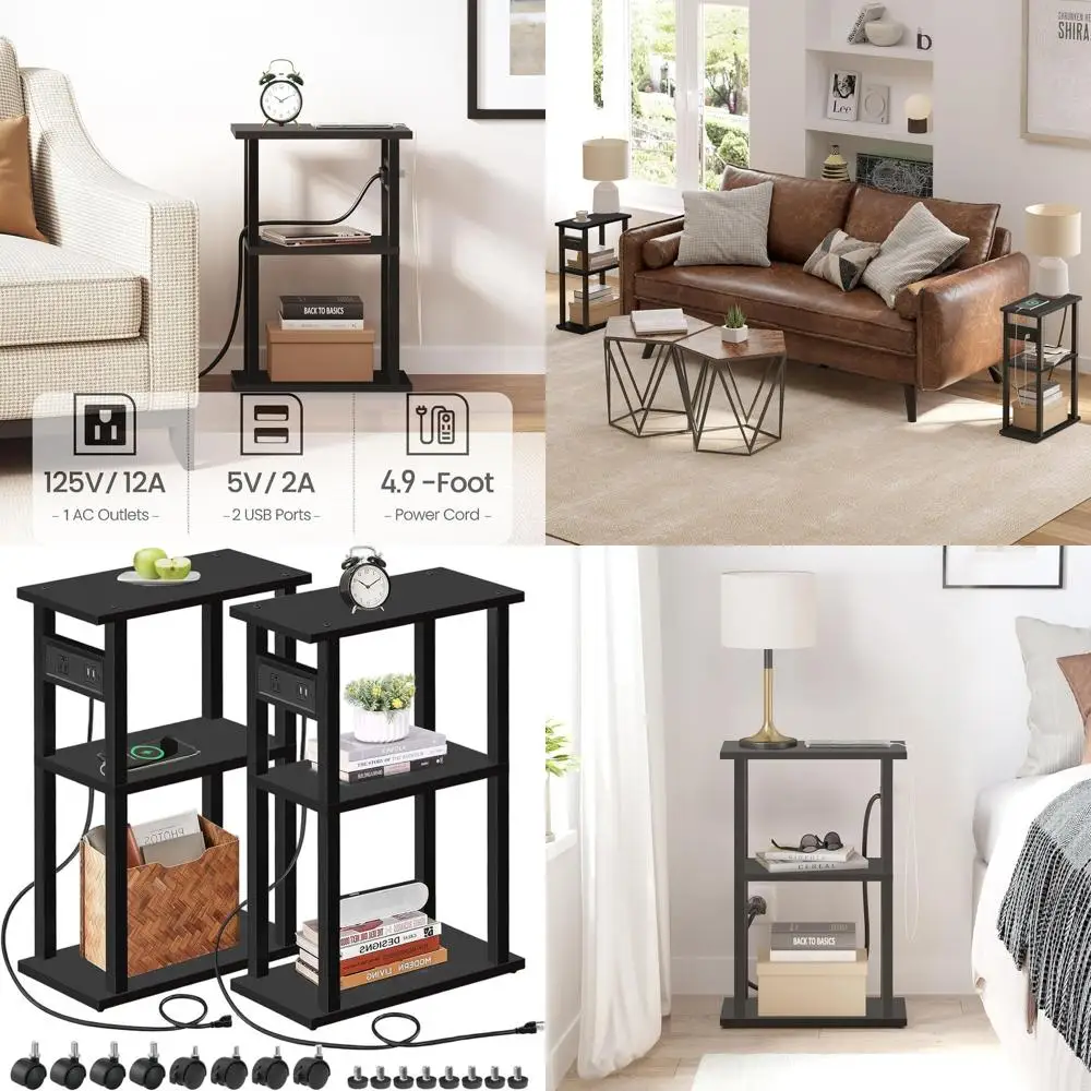 

Компактные прикроватные тумбочки с двойной зарядной станцией для ограниченных пространств, с USB-портами и розетками, элегантные приставные столики для дивана на колесиках, черные