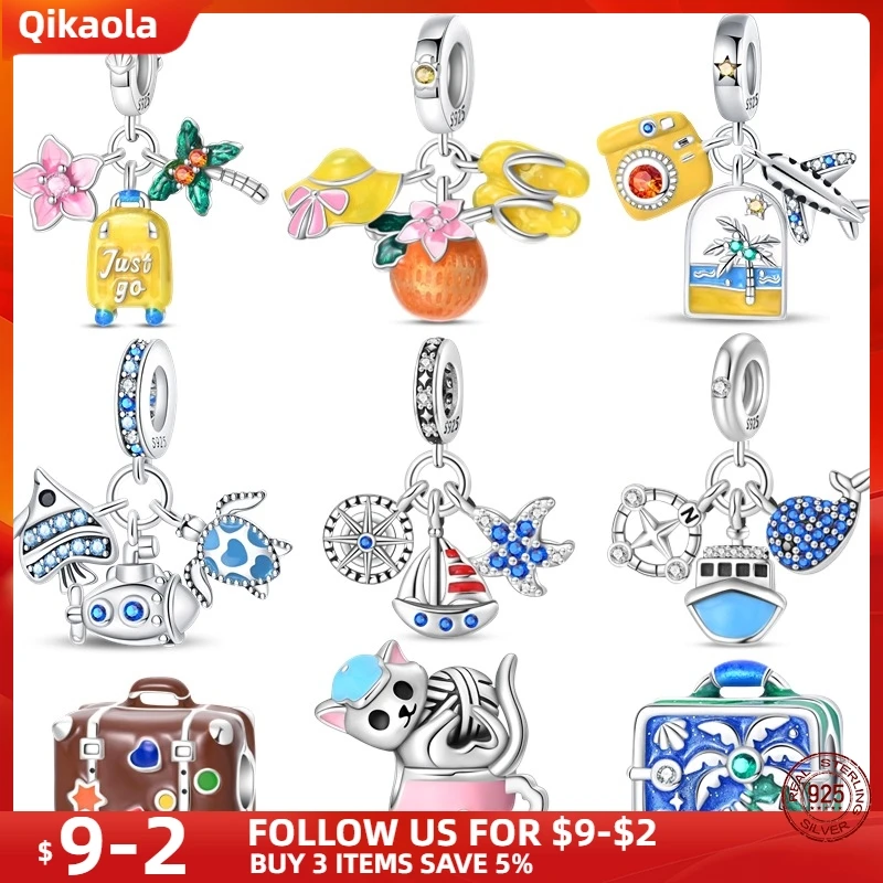 

S925 Sterling Silver Travel Vacation-Beach Charms Fit Original pand 3mm Bracelet&Bangle For Women Birthday Fine Jewelry Gift Hot
