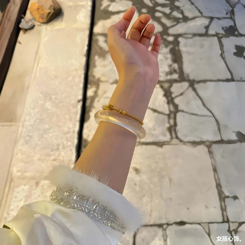 Natural ice white moonlight agate , translucent chalcedony , Chinese style bracelet for women, jadeite alternati
