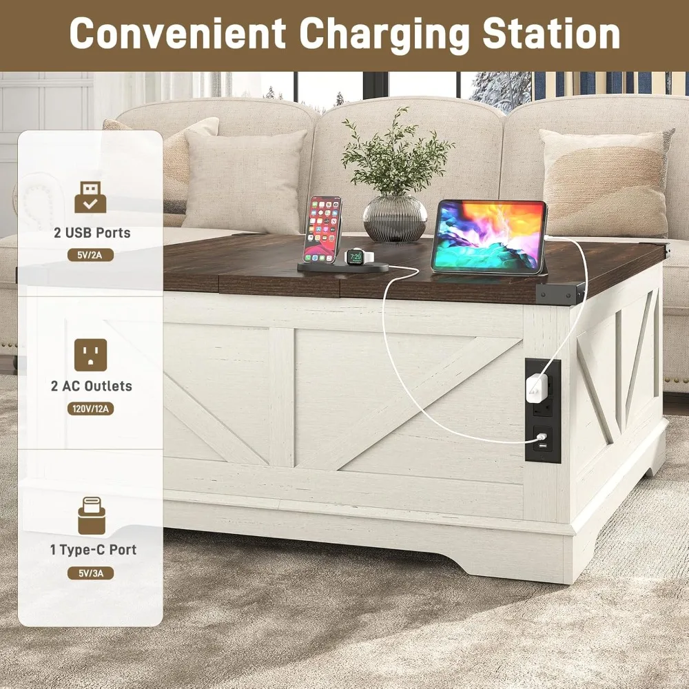 طاولة قهوة كبيرة مقاس 40 بوصة مع مخرج طاقة ومساحة تخزين مخفية كبيرة، وطاولة غرفة معيشة خشبية مربعة #4