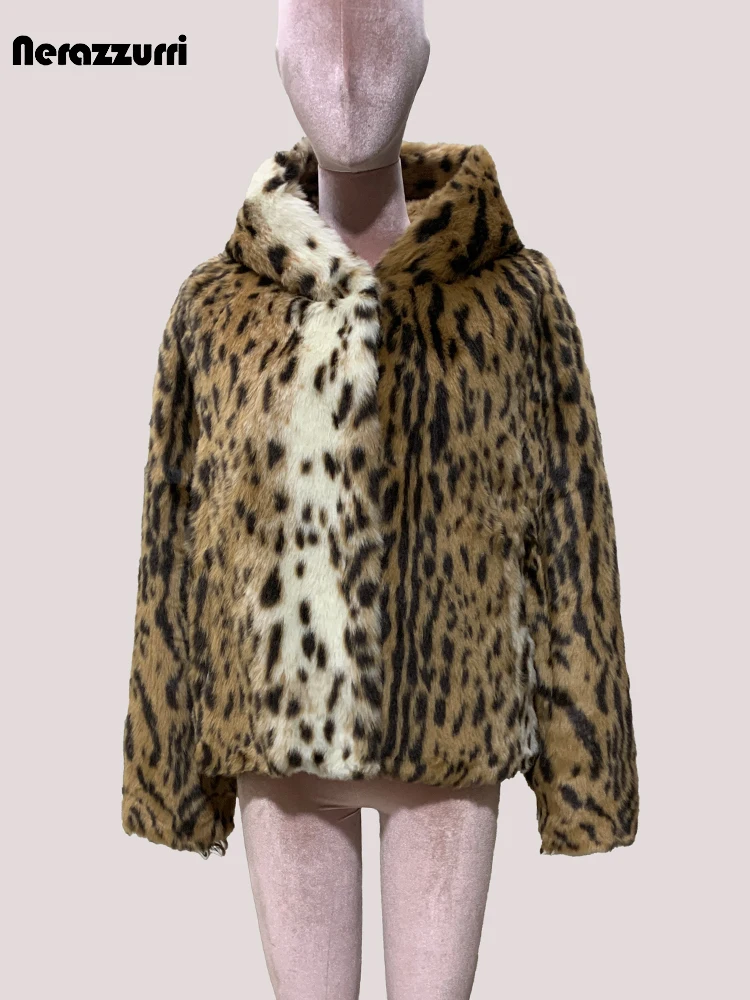 Nerazzurri Winter Short Colorful Leopard Print Thick Warm Hairy Soft Faux Fur Coat Women with Hood Luxury Fluffy Jacket 2025