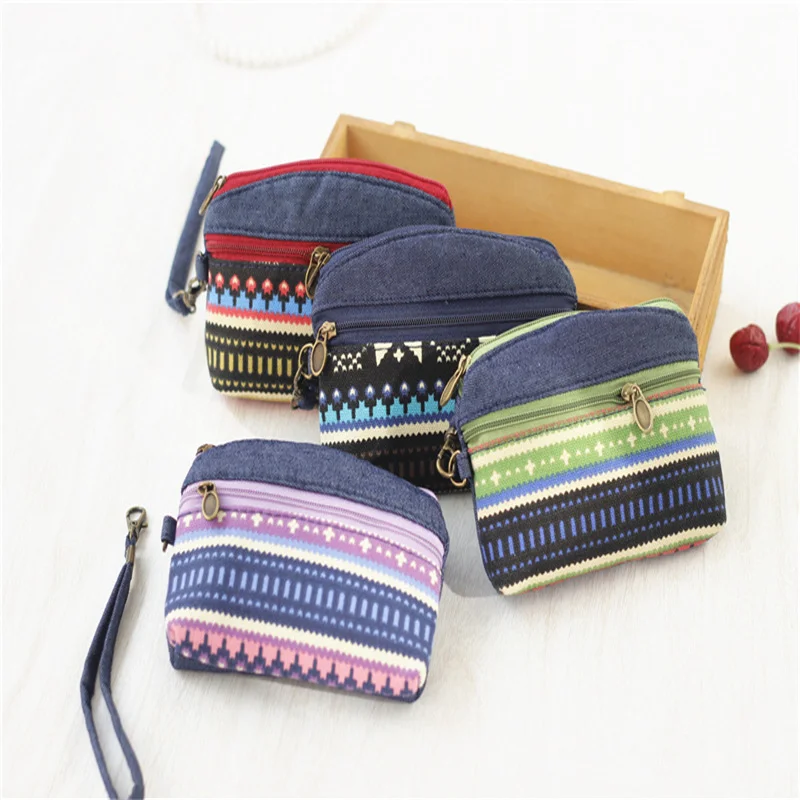 Coin Purse Women Small Wallet Double Handle Fabric Phone Purse Zippers Female Portable Make Up Bag Key Case