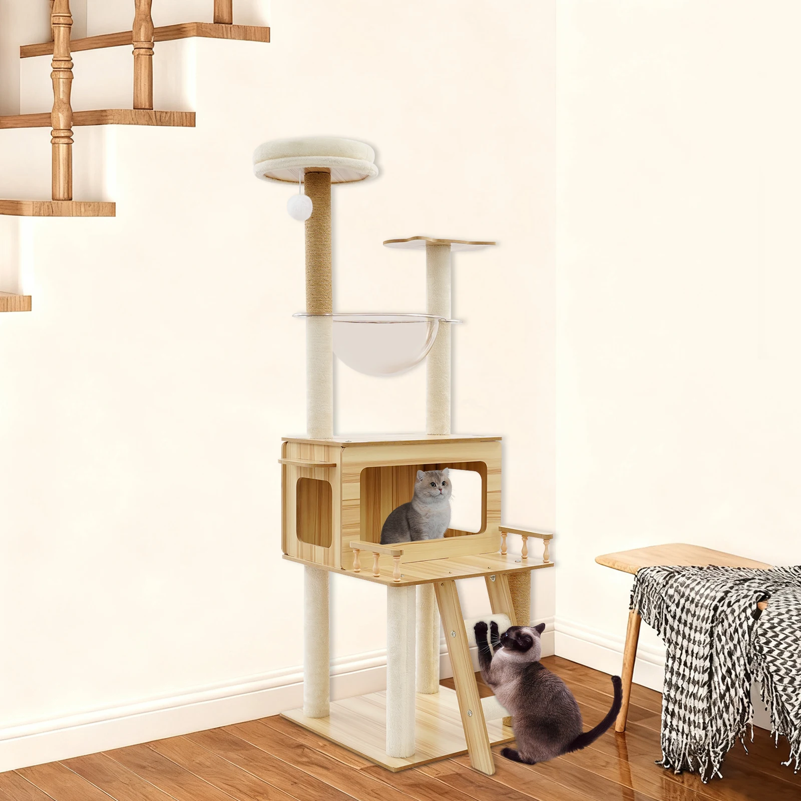

147 CM Cat Tower with Ladder and Swing Ball Wooden Cat Tree Cat Scratching Post Cat Condo House